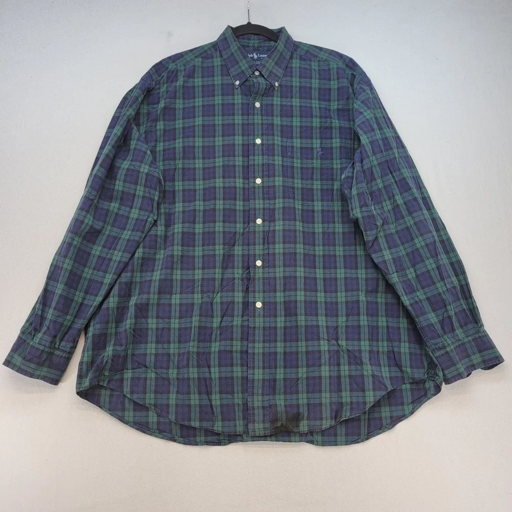 Ralph Lauren Button Down Shirt Mens XL Green Plaid Blaire Cotton Long Sleeve